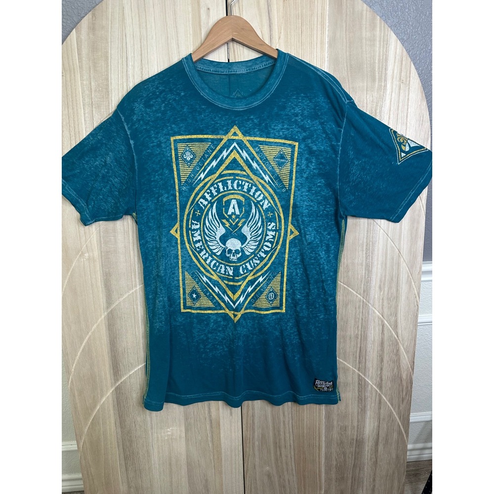 Affliction‎ American Customs Graphic T Shirt Teal Men's XL Short Sleeve